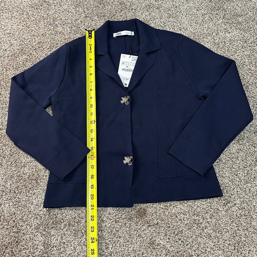 ZARA Women's Flower Button Knit Cardigan Blazer Size M In Navy - Picture 8 of 10